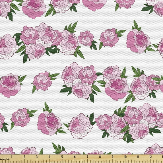 Ambesonne Floral Fabric by the Yard Upholstery, Pink Peonies Leaves, 1 Yard, Pale Pink Olive Green