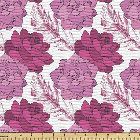 Ambesonne Floral Fabric by the Yard Upholstery, Pink Toned Succulent Pattern, 1 Yard, Magenta Pink and White