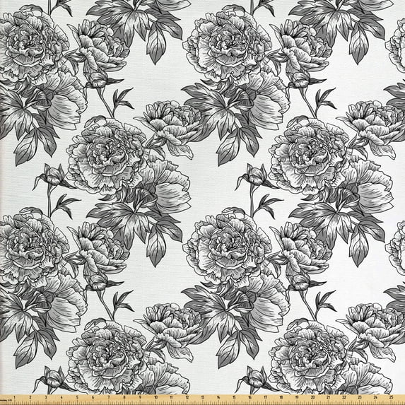 Ambesonne Floral Fabric by the Yard Upholstery, Plant Blossom Spring, 3 Yards, Black Grey White