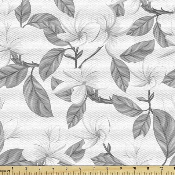 Ambesonne Floral Fabric by the Yard Upholstery, Plumeria Flowers Concept, 5 Yards, Grey and White
