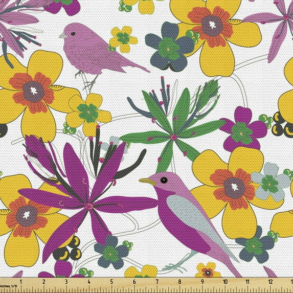 Ambesonne Floral Fabric by the Yard Upholstery, Pointed Flowers Bird Leaves, 5 Yards, Dark Magenta Multicolor