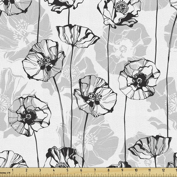 Ambesonne Floral Fabric by the Yard Upholstery, Poppies Botanical Monochrome, 1 Yard, Charcoal Grey and White