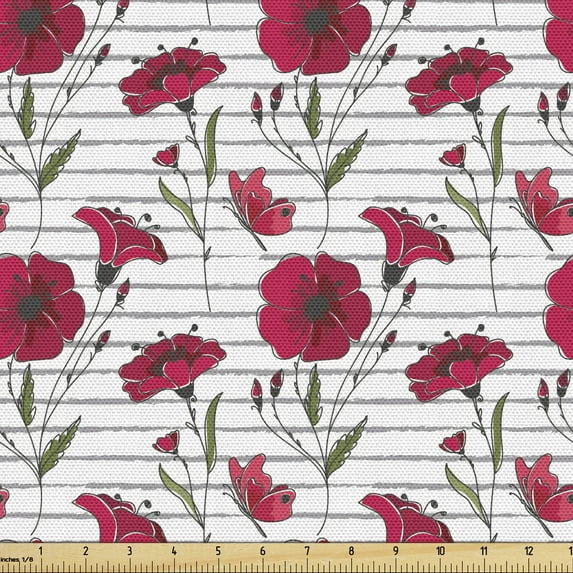 Ambesonne Floral Fabric by the Yard Upholstery, Poppy Flowers Butterflies, 2 Yards, Dark Coral and Olive Green