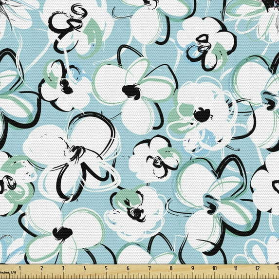 Ambesonne Floral Fabric by the Yard Upholstery, Random Brush Stroke Motifs, 2 Yards, Turquoise Sky Blue