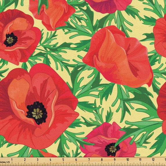 Ambesonne Floral Fabric by the Yard Upholstery, Red Poppies and Leaves Art, 5 Yards, Dark Pink and Fern Green