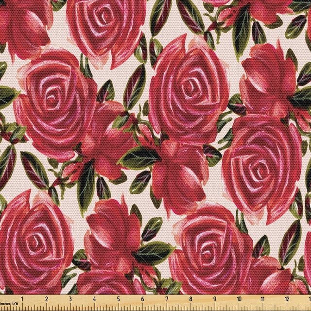 Ambesonne Floral Fabric by the Yard Upholstery, Red Roses Romantic ...