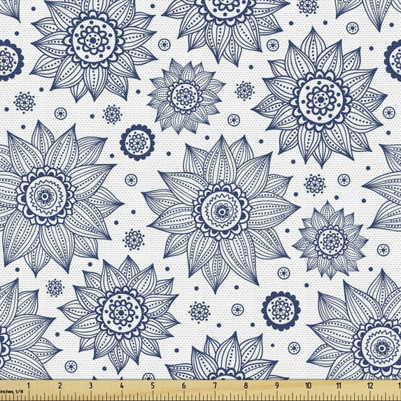 Ambesonne Floral Fabric by the Yard Upholstery, Refined Sunflower Motifs, 5 Yards, White Dark Sky Blue