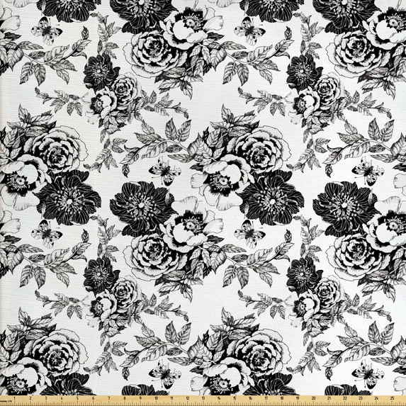 Ambesonne Floral Fabric by the Yard Upholstery, Repeating Plants and Petals, 10 Yards, Pale Taupe Charcoal Grey