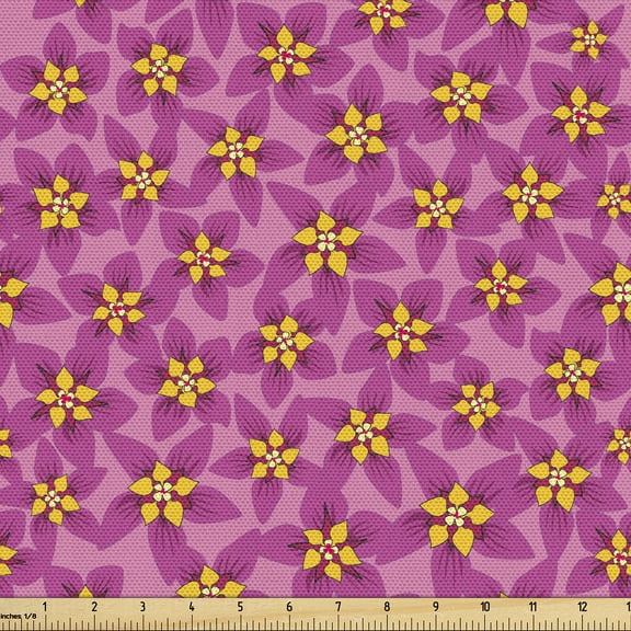 Ambesonne Floral Fabric by the Yard Upholstery, Repetitive Lilac Flowers Art, 1 Yard, Pale Fuchsia and Marigold