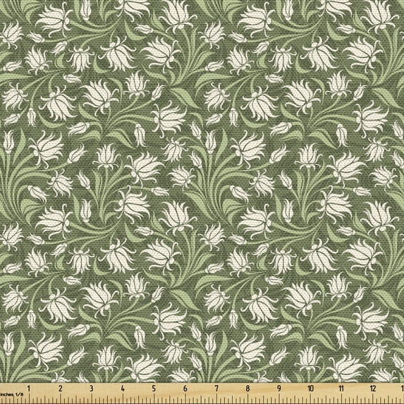 Ambesonne Floral Fabric by the Yard Upholstery, Retro Blossoms Ivy Leaves, 5 Yards, Reseda Green Eggshell