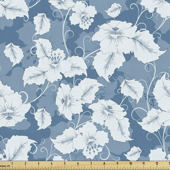 Ambesonne Floral Fabric by the Yard Upholstery, Retro Blue Design Flowers, 2 Yards, Slate Blue and White