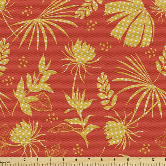Ambesonne Floral Fabric by the Yard Upholstery, Retro Dotted Tropical Leaves, 3 Yards, Scarlet Dark Yellow