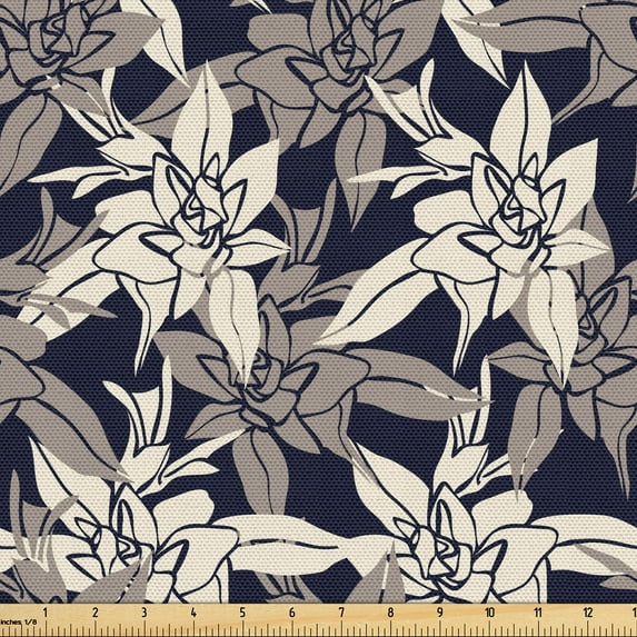 Ambesonne Floral Fabric by the Yard Upholstery, Retro Flower on Dark Back, 2 Yards, Dark Blue Grey and Multicolor