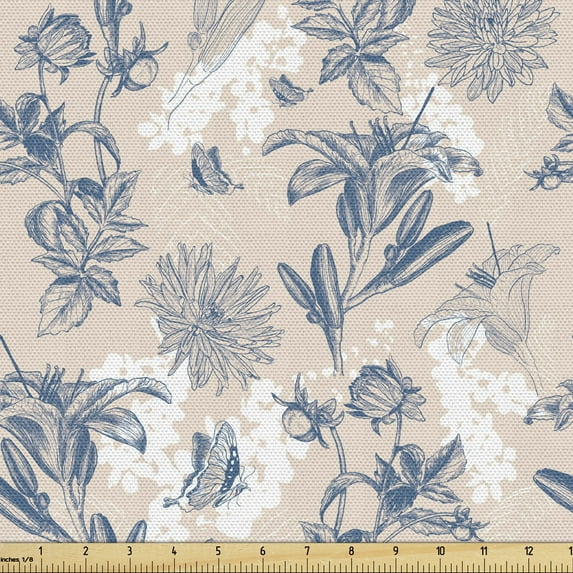 Ambesonne Floral Fabric by the Yard Upholstery, Retro Flowers Butterflies, 3 Yards, Slate Blue Pale Eggshell