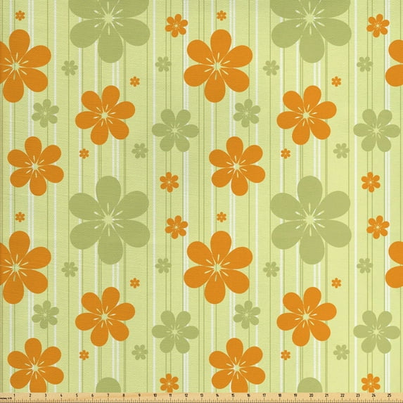 Ambesonne Floral Fabric by the Yard Upholstery, Retro Graphic Flowers, 10 Yards, Pale Green Orange