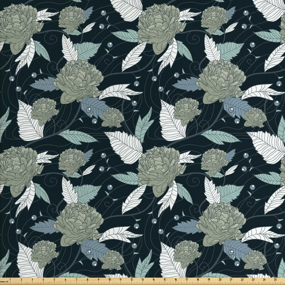 Ambesonne Floral Fabric by the Yard Upholstery, Retro Peonies, 2 Yards, Multicolor