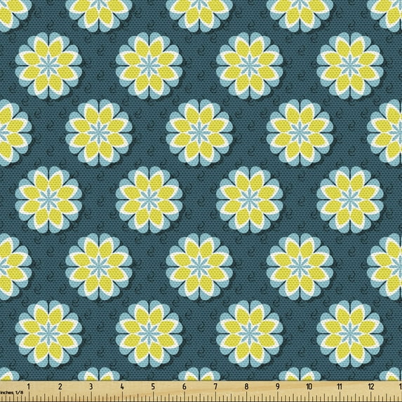 Ambesonne Floral Fabric by the Yard Upholstery, Retro Spring Flowers Pattern, 5 Yards, Dark Teal Yellow