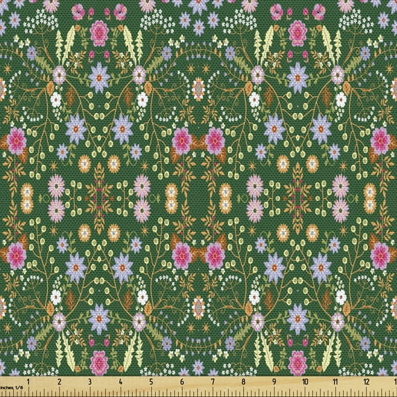Ambesonne Floral Fabric by the Yard Upholstery, Rhythmic Flowers Arrangement, 10 Yards, Hunter Green and Multicolor
