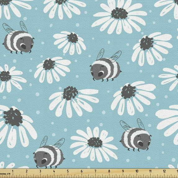 Ambesonne Floral Fabric by the Yard Upholstery, Rhythmic Flowers Bees Art, 2 Yards, Pale Sky Blue and White