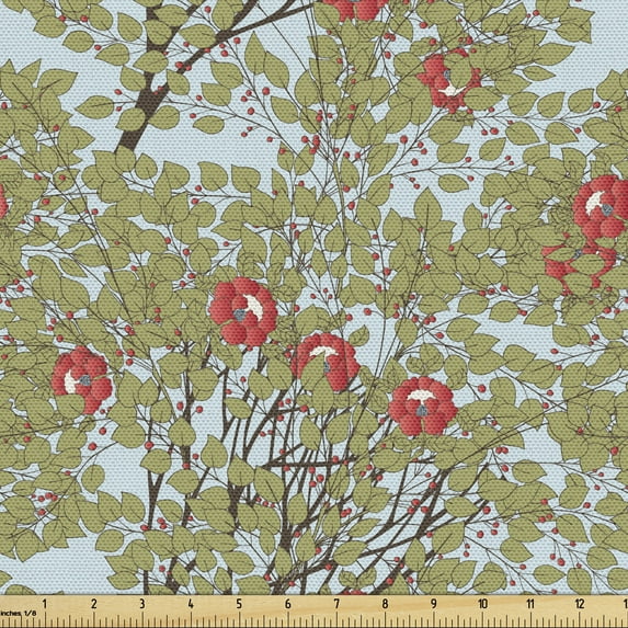 Ambesonne Floral Fabric by the Yard Upholstery, Rococo Style Flowers Leaves, 2 Yards, Pale Blue Multicolor