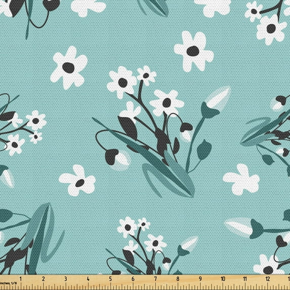 Ambesonne Floral Fabric by the Yard Upholstery, Romantic Blossom With Leaves, 1 Yard, Pale Teal White