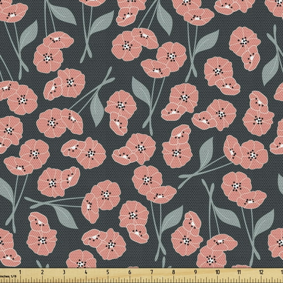Ambesonne Floral Fabric by the Yard Upholstery, Romantic Flower Illustration, 1 Yard, Coral Dark Green