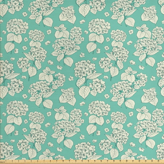 Ambesonne Floral Fabric by the Yard Upholstery, Romantic Hydrangeas, 2 Yards, Teal and Ivory