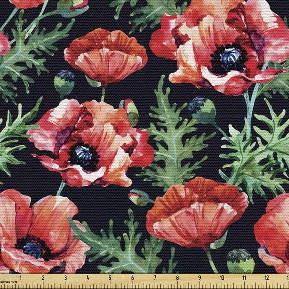 Ambesonne Floral Fabric by the Yard Upholstery, Romantic Poppy Buds Blossoms, 10 Yards, Charcoal Grey Multicolor