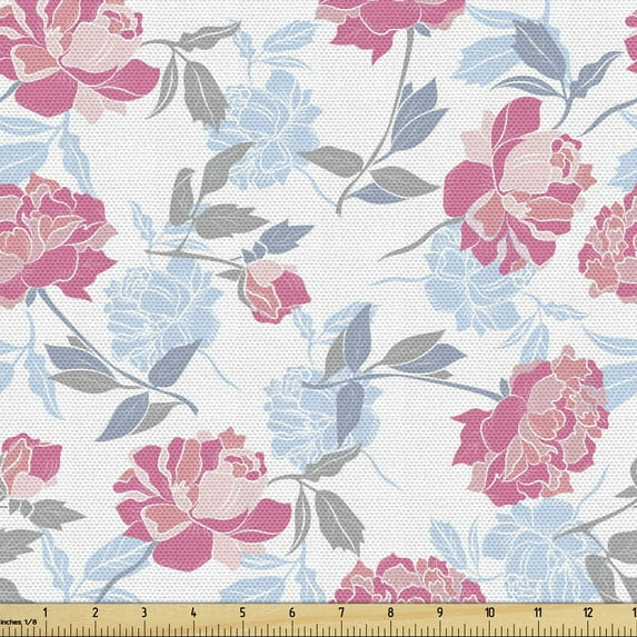 Ambesonne Floral Fabric by the Yard Upholstery, Romantic Style Flowers Art, 3 Yards, Pale Blue Multicolor