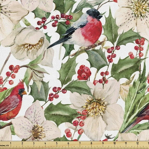 Ambesonne Floral Fabric by the Yard Upholstery, Romantic Winter Xmas Birds, 3 Yards, White Green and Vermilion