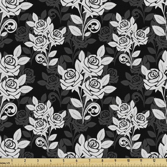 Ambesonne Floral Fabric by the Yard Upholstery, Rose Bouquets Feminine Style, 1 Yard, Black and White