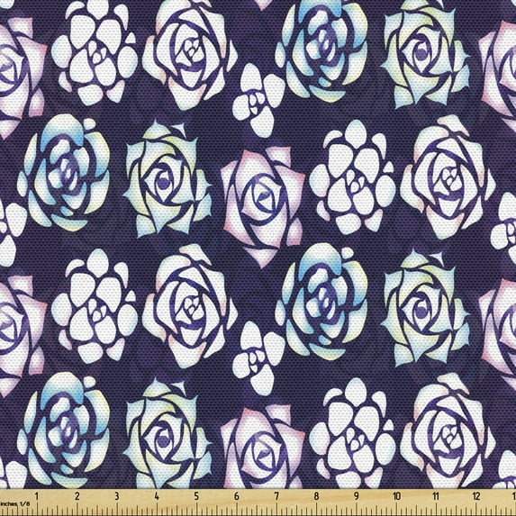 Ambesonne Floral Fabric by the Yard Upholstery, Rose Flowers and Succulent, 5 Yards, Dark Purple Multicolor