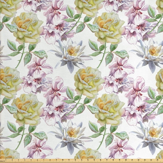 Ambesonne Floral Fabric by the Yard Upholstery, Rose Petals Sakura Lily, 5 Yards, Fern Green Pale Pink