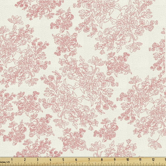 Ambesonne Floral Fabric by the Yard Upholstery, Rose with Leaves Botany Art, 5 Yards, Pale Mauve Pastel Pink