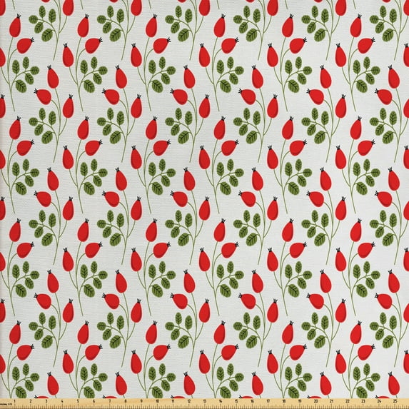 Ambesonne Floral Fabric by the Yard Upholstery, Rosehip Branches Botanical, 10 Yards, Vermilion Fern Green