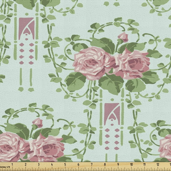Ambesonne Floral Fabric by the Yard Upholstery, Roses Circles Lines Romantic, 5 Yards, Pale Ruby Peacock Green