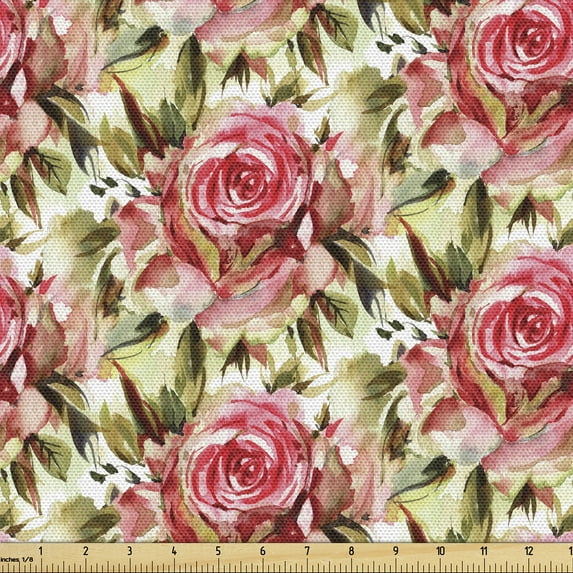 Ambesonne Floral Fabric by the Yard Upholstery, Roses Fashion Spring Plot, 5 Yards, Dark Coral and Pale Camel