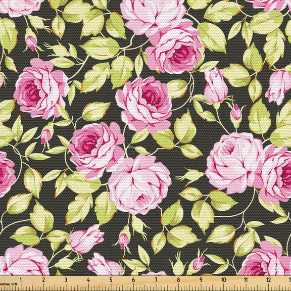 Ambesonne Floral Fabric by the Yard Upholstery, Roses Leaves Vintage Plot, 3 Yards, Avocado Green and Pastel Pink