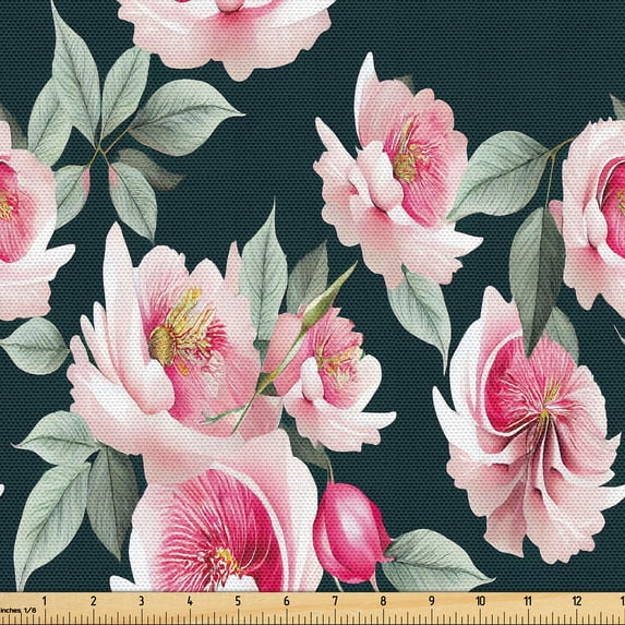 Ambesonne Floral Fabric by the Yard Upholstery, Roses Lovers Flowers Artwork, 3 Yards, Laurel Green Pale Pink