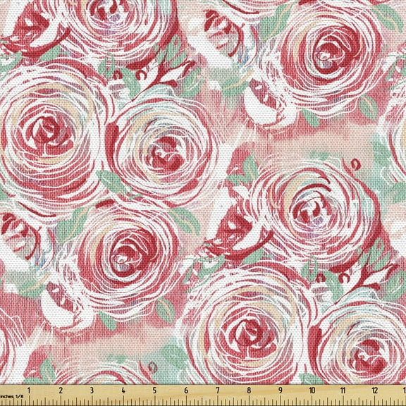 Ambesonne Floral Fabric by the Yard Upholstery, Roses Watercolor Botanical, 10 Yards, Dark Pink and Pale Teal