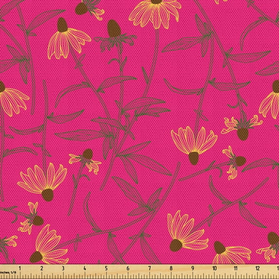 Ambesonne Floral Fabric by the Yard Upholstery, Rudbeckia Flowers Pattern, 10 Yards, Hot Pink and Chocolate