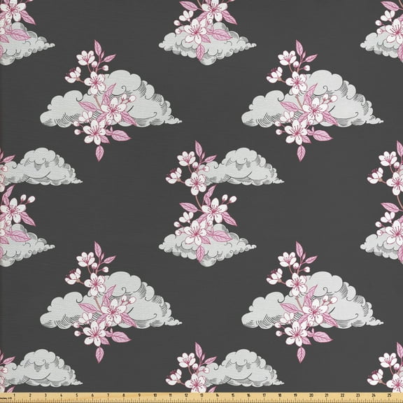 Ambesonne Floral Fabric by the Yard Upholstery, Sakura Blossom on Clouds, 3 Yards, Dimgray Pale Pink