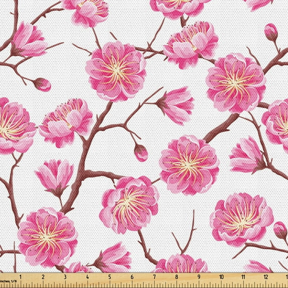 Ambesonne Floral Fabric by the Yard Upholstery, Sakura Flower Blossom Branch, 10 Yards, Dark Mauve and Pink