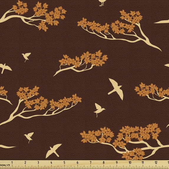Ambesonne Floral Fabric by the Yard Upholstery, Sakura Trees and Birds Image, 3 Yards, Redwood Amber and Peach