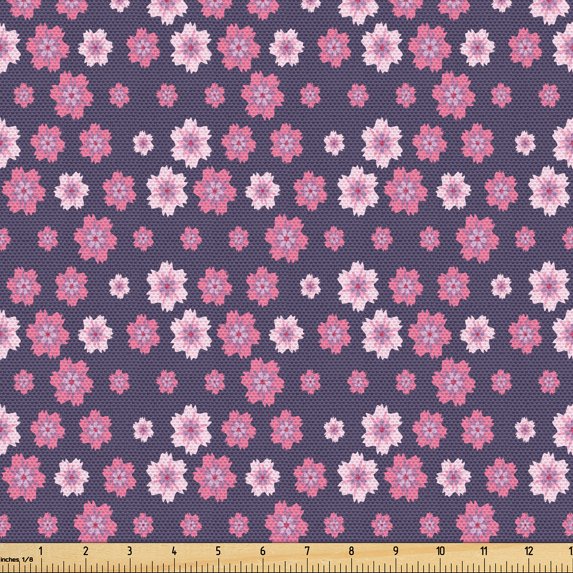 Ambesonne Floral Fabric by the Yard Upholstery, Scattered Minimalist Flower, 10 Yards, Pastel Pink Dark Indigo