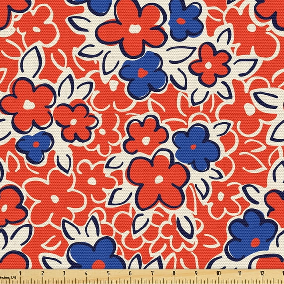 Ambesonne Floral Fabric by the Yard Upholstery, Simplistic Little Flowers, 2 Yards, Scarlet Dark Violet and White
