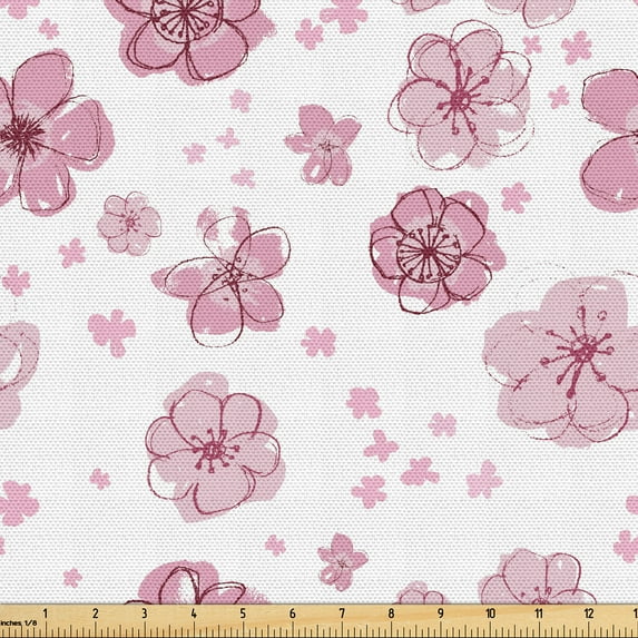 Ambesonne Floral Fabric by the Yard Upholstery, Simplistic Vintage Flowers, 5 Yards, Pale Rose White and Blush