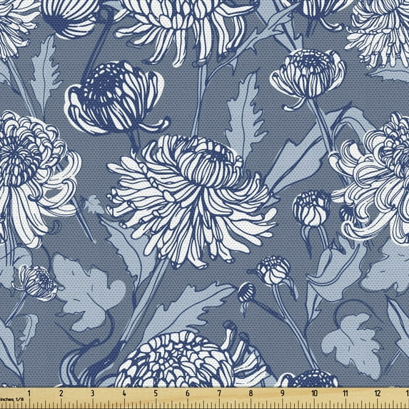 Ambesonne Floral Fabric by the Yard Upholstery, Sketch of Chrysanthemums, 2 Yards, Blue Grey Slate Blue