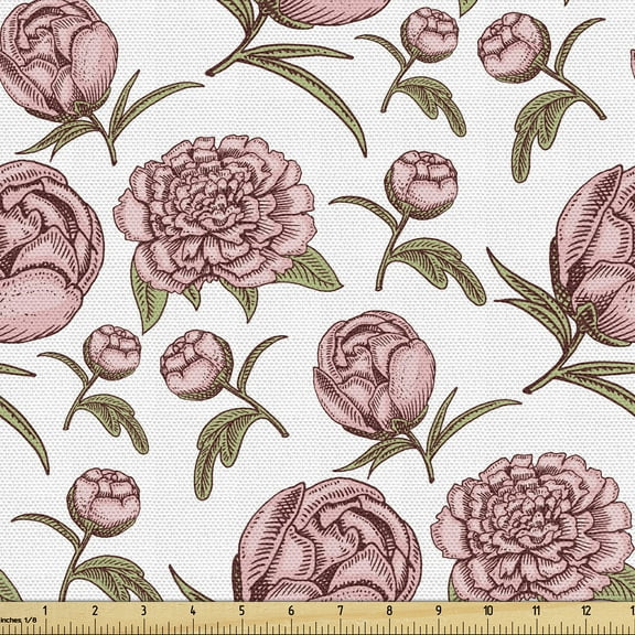 Ambesonne Floral Fabric by the Yard Upholstery, Sketchy Flowers Plain Back, 1 Yard, Pale Pink Umber and Fawn