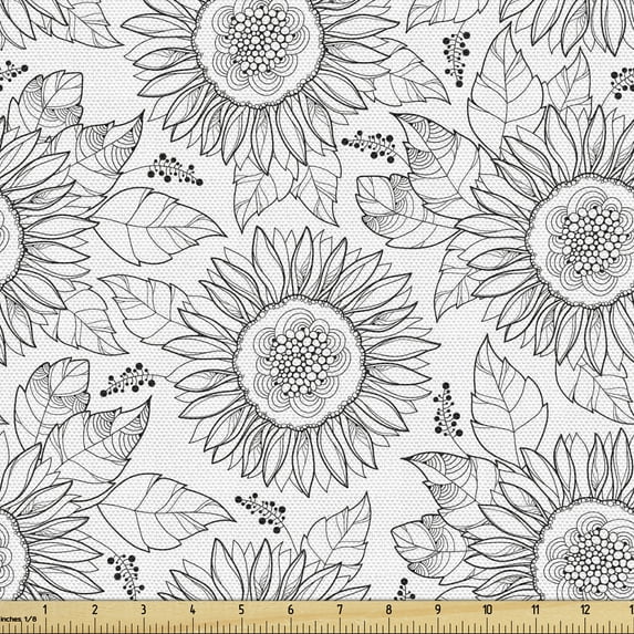 Ambesonne Floral Fabric by the Yard Upholstery, Sketchy Sunflowers Pattern, 5 Yards, Charcoal Grey and White